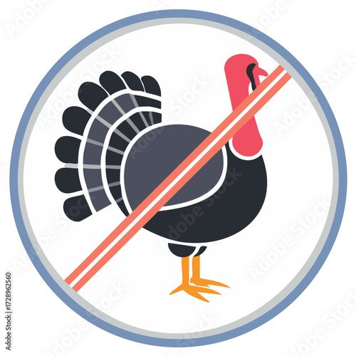 Turkey prohibited sign with a graphic illustration of a poultry bird. This flat design icon represents no turkey allowed