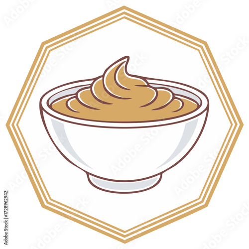 Cartoon bowl of swirled creamy sauce or dip in a golden octagon frame