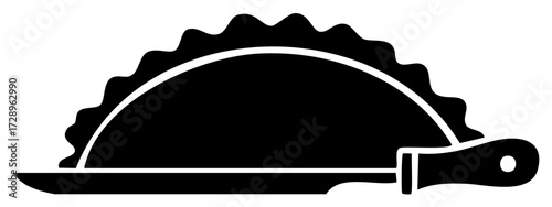Black silhouette of a rustic pie with a crimped crust next to a pie cutter tool