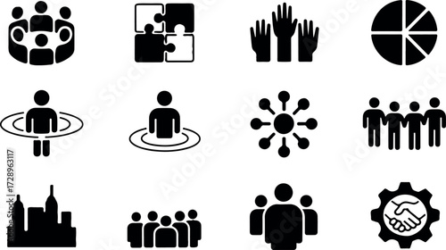 Diverse set of business and teamwork icons, representing collaboration, organization, leadership, and strategic planning in a corporate environment
