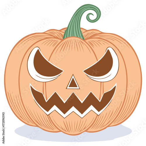 Spooky smiling jack-o'-lantern with a detailed, illustrated, carved face.