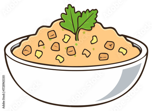 Illustration of a bowl of soup with vegetables and a sprig of parsley on top.