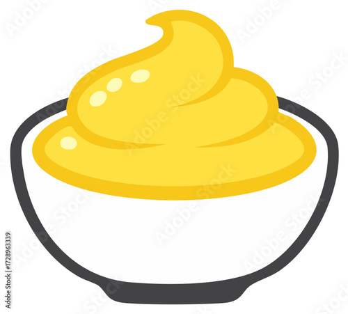 Whipped yellow condiment in a bowl, icon graphic style illustration.