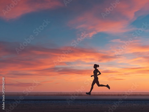 Silhouette of woman running against a vibrant sunset sky with clouds in the background view image