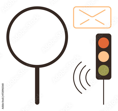 Magnifying glass, email envelope, traffic light, and signal waves suggest search, communication, navigation. Ideal for technology, analysis traffic email internet research accessibility. Simple