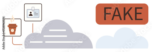 ID card and coffee cup next to cloud, emphasizing online security and fake identification risks. Ideal for identity verification, fraud prevention, cyber security, trust, awareness campaigns