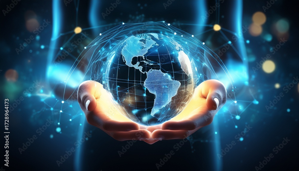 Obraz premium digital earth in hands futuristic global network concept technology innovation