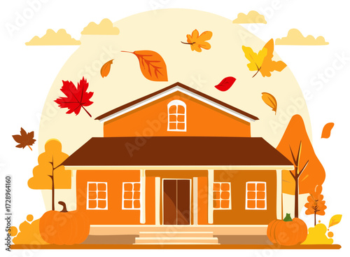 Autumn Home Scene Falling Leaves Pumpkins and Orange Hues Trees and Clouds Family Illustration