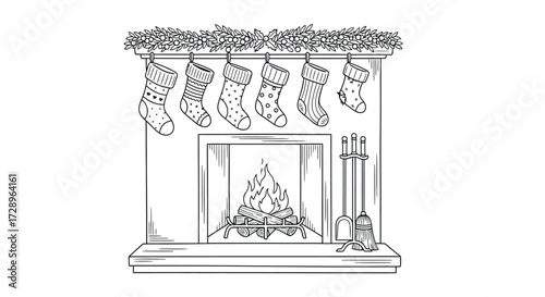 Fireplace with christmas stockings for coloring book