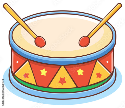 Colorful toy drum with stars and drumsticks cartoon vector illustration for kids