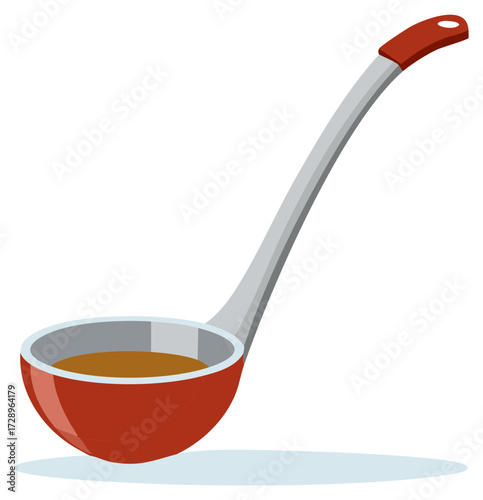 A red soup ladle filled with liquid, depicted on a plain background.