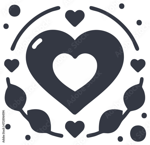 Stylized heart symbol with surrounding decorative leaves and smaller hearts a universal sign of love and affection