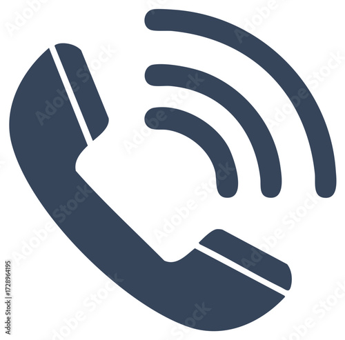Dark blue telephone handset icon with radiating sound waves symbolising communication and call activity
