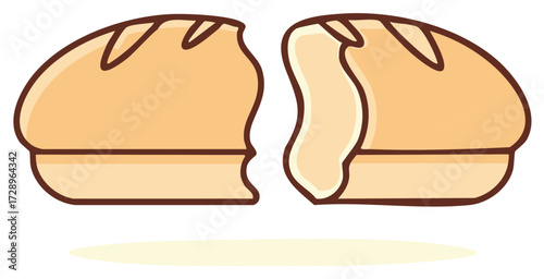 Cute cartoon illustration of a fresh loaf of bread broken into two pieces