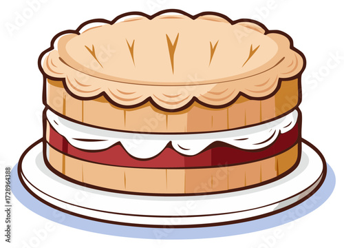Vibrant cartoon vector illustration of a classic layered cake with berry jam and cream filling served on a plate.