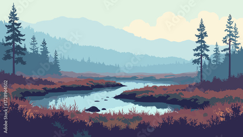 Lakeside peat bog with sphagnum hummocks, black water pools and low heather, misty morning, no people