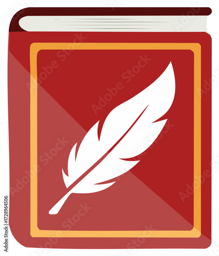 Graphic illustration of a closed red book with a white feather quill pen for writing and learning concepts