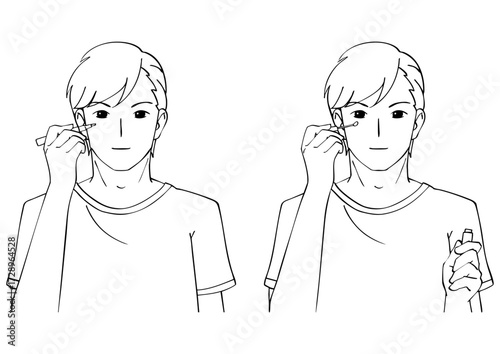 コンシーラーを塗る男性の白黒イラストセット