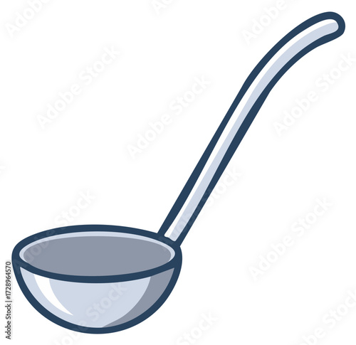 Stylized illustration of a metal ladle kitchen utensil for serving soup or food.