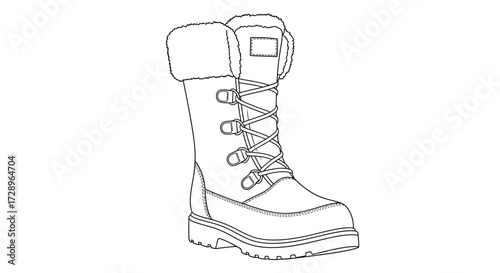 Winter boot with fur trim, outline vector drawing