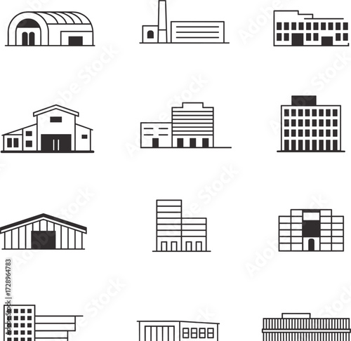 industrial building, modern warehouse, office block, commercial architecture, barn storage, corporate facility, real estate, urban construction, cad drawing flat vector illustration