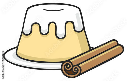 Cake with white icing on a plate and cinnamon sticks illustration