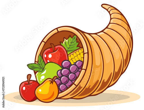 Abundant Horn of Plenty Filled with Assorted Fresh Fruits and Vegetables, Sign of Gratitude and Celebration