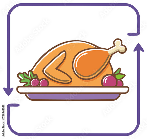 Cartoon Turkey Dinner on Plate with Berries and Parsley, Refresh Cycle Icon Graphic