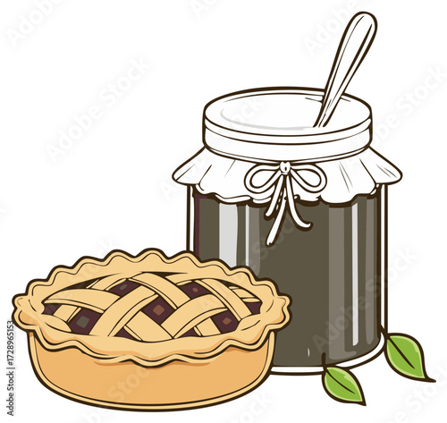 Illustration of a pie and jar of jam for cooking, baking, dessert
