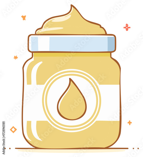 Cartoon jar of cream with a drop design for skincare or beauty product.