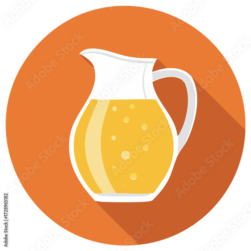Fresh yellow juice pitcher with bubbles on orange circle, food vector icon design, healthy drink, liquid refreshments
