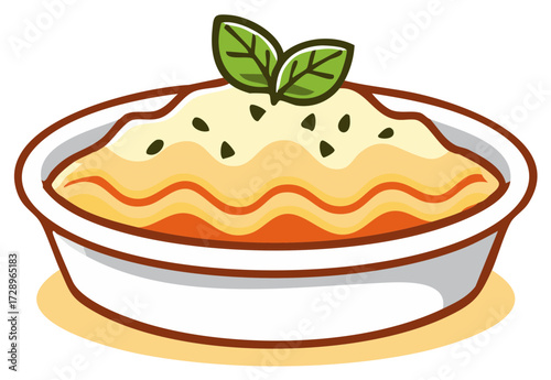 Freshly baked Italian lasagna with layers of pasta, sauce, and cheese topped with basil cartoon illustration