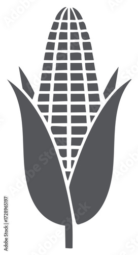 Minimalist gray corn on the cob glyph icon, a symbol of farming, harvest, and autumn food.
