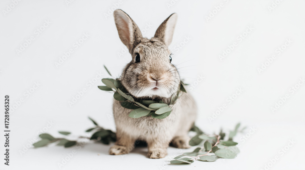 Fototapeta premium Cute rabbit with small Christmas garland around neck, sitting on white background