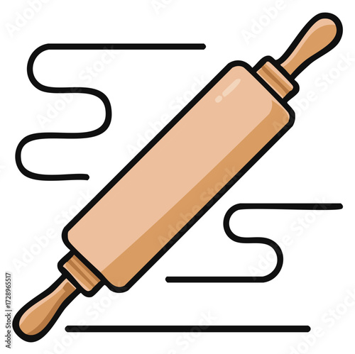Cartoon Wooden Rolling Pin Kitchen Tool Isolated on White with Abstract Flour Flourish