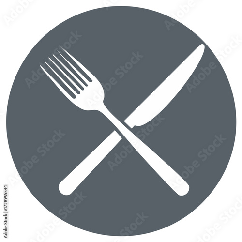 Fork and knife crossed symbol in a gray circle for a restaurant icon.