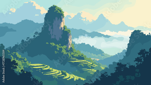 Karst tower forest rising from misty rice terraces, limestone pinnacles pierced by low clouds, no people