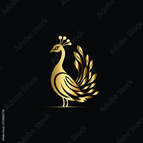 Elegant golden peacock logo design with luxurious ornamental style on dark background perfect for branding fashion jewelry decoration beauty identity and premium creative business artwork illustration