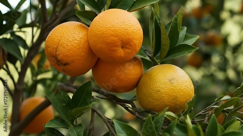 Wallpaper Mural view captures a branch laden with ripe oranges, showcasing vibrant colors and natural textures against a blurred background of foliage and sunlight in an orchard setting. Torontodigital.ca