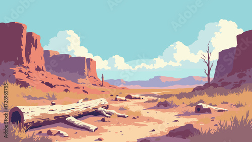Petrified forest floor with silicified logs jutting from ochre badlands under a clear sky, no people