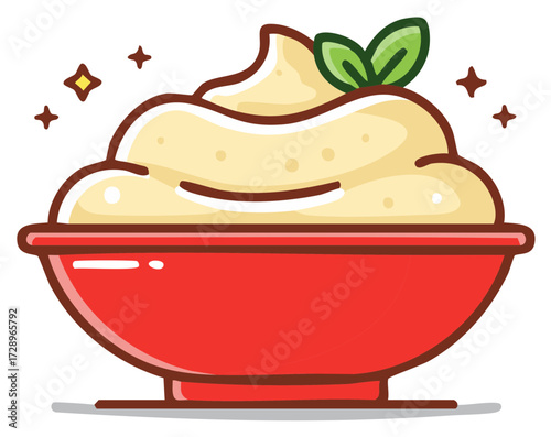 Cartoon illustration of a bowl of creamy whipped dessert garnished with fresh herbs, sparkling details
