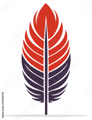 Stylized feather design with red and purple segments and delicate lines