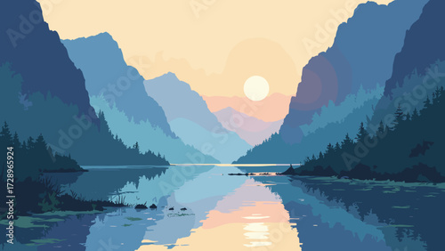 Fjord inlet with sheer granite walls, floating kelp and a mirror-calm channel at dawn, no people