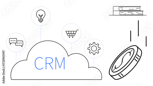 CRM cloud surrounded by icons for communication, shopping, idea generation, and automation. Falling coins and books highlight commerce, knowledge, and investment. Ideal for technology, business