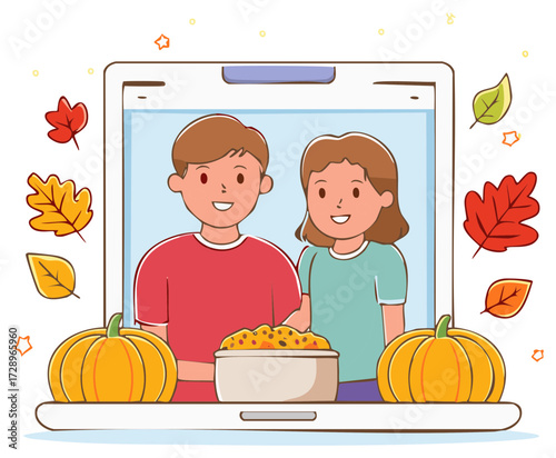 Thanksgiving Virtual Celebration on Tablet with Couple Pumpkins and Autumn Leaves