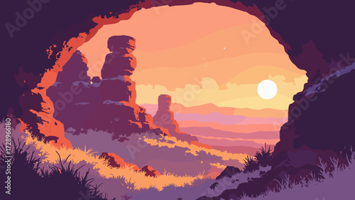 Sandstone hoodoo amphitheater with spiraled pillars and deep orange light at sunset, no people