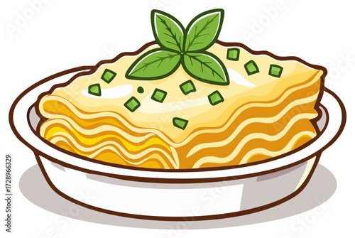 Classic Italian layered lasagna with creamy bechamel sauce and fresh basil garnish in a casserole dish illustration
