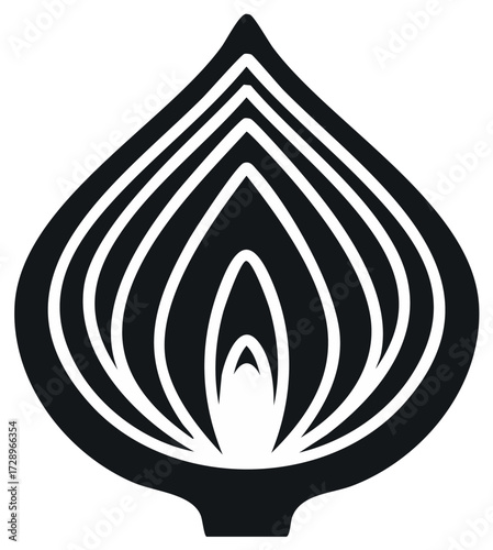 Monochrome Graphic Illustration of Cut Onion Half Revealing Concentric Rings