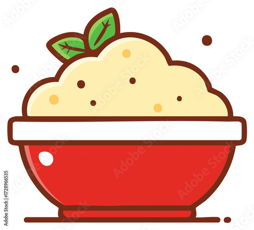 Creamy Mashed Food with Mint Toppings in Red Bowl Graphic Illustration
