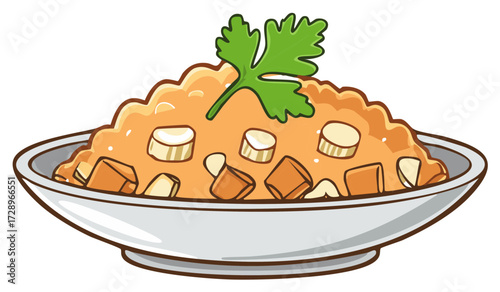 Stylized illustration of a warm meal in a bowl with chopped ingredients and fresh parsley